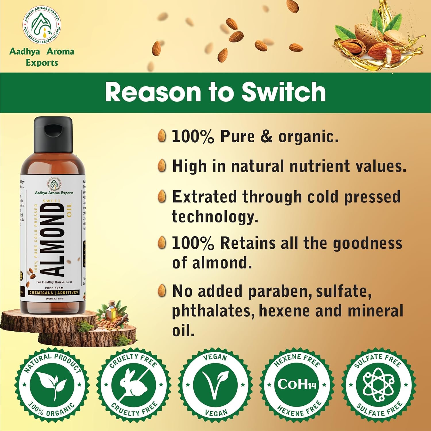 Pure Cold Pressed Sweet Almond Oil for Body Massage,Hair Growth and Glowing Skin ||100ml - Image 3